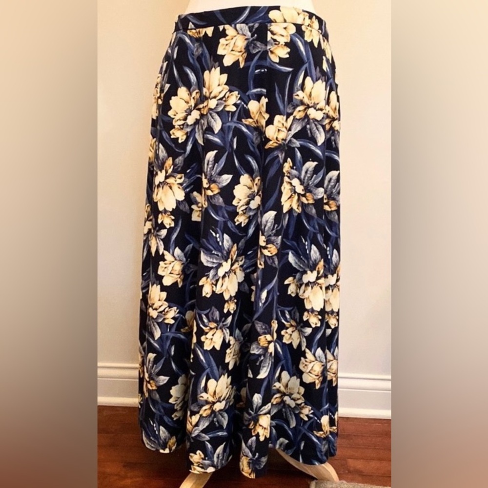 Koret Vintage Blue Yellow Floral Print 18W Grandmacore Boho Retro Academia Skirt - Picture 6 of 9